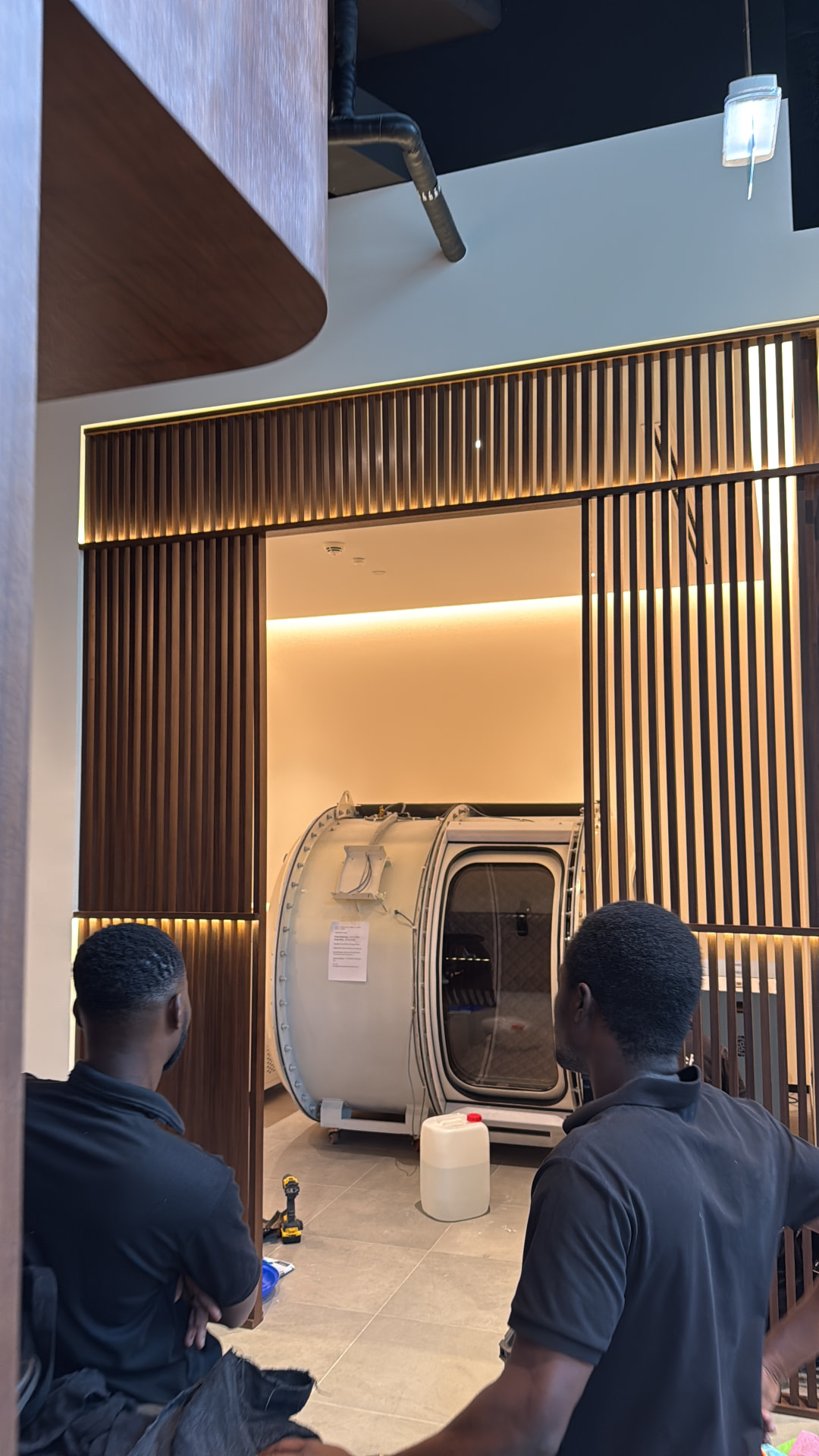 Hyperbaric chamber being installed behind the timber screen