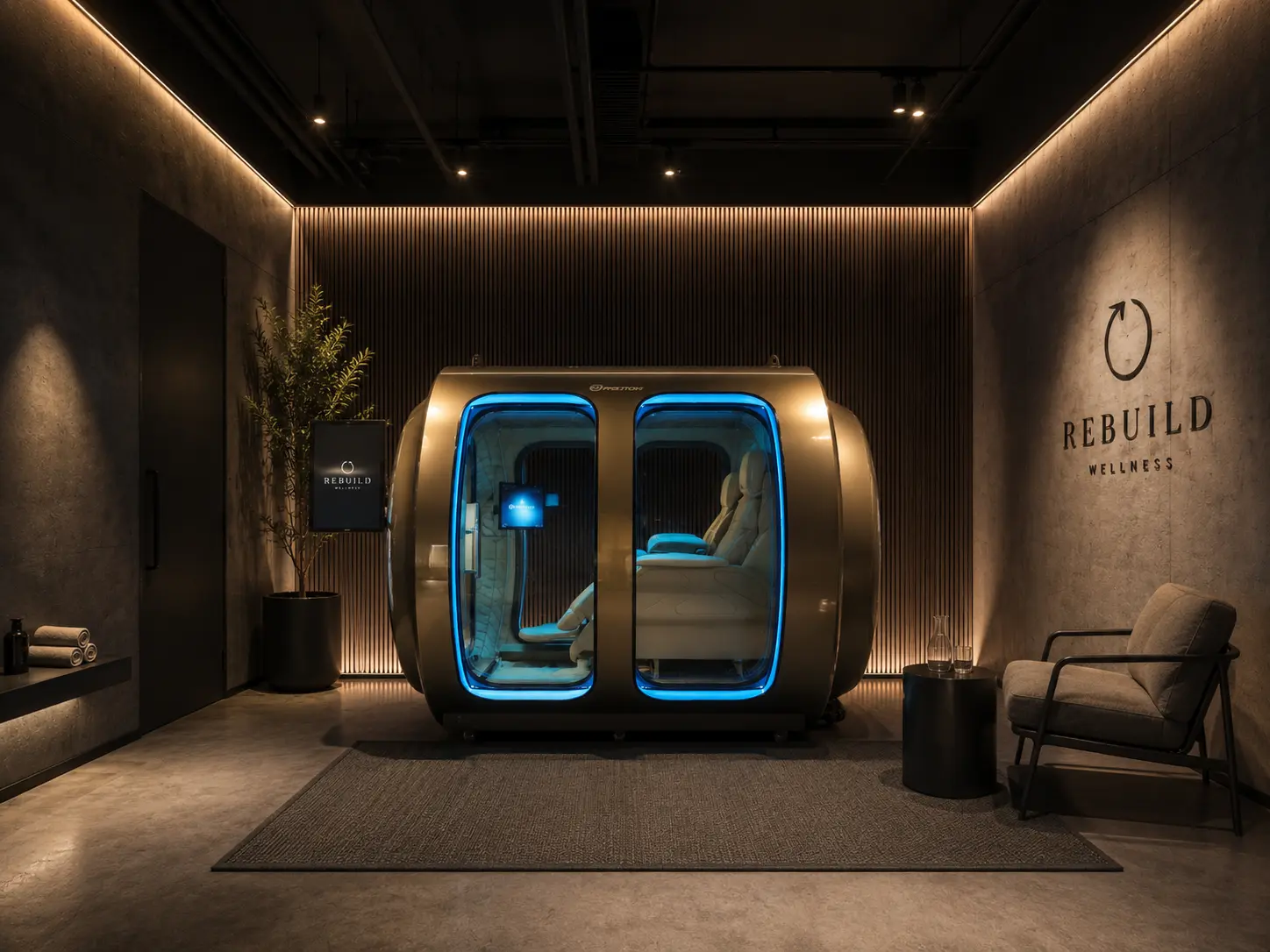 Recovery suite with a two-seat hyperbaric chamber and lounge seating