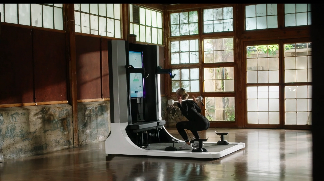 Digital strength training system in use inside a daylit space