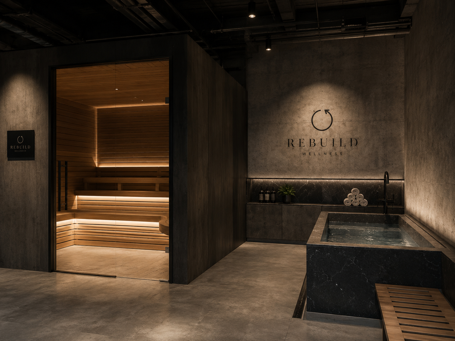 Sauna and cold plunge zone in dark stone and timber
