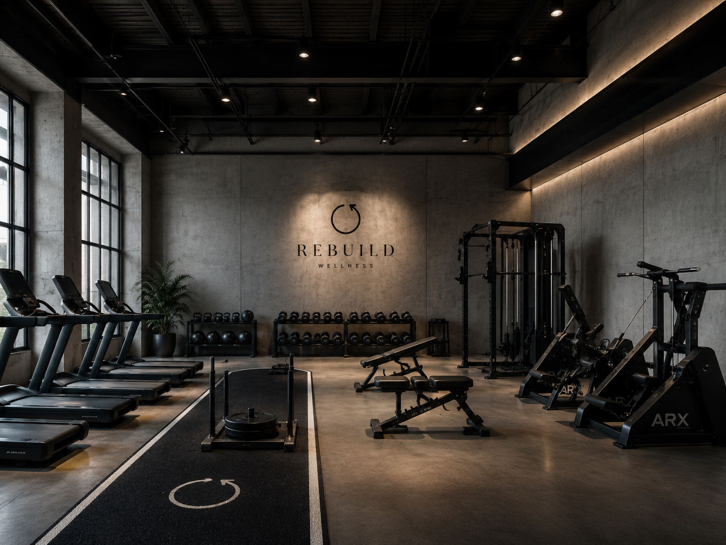 Strength and cardio floor with branded concrete feature wall