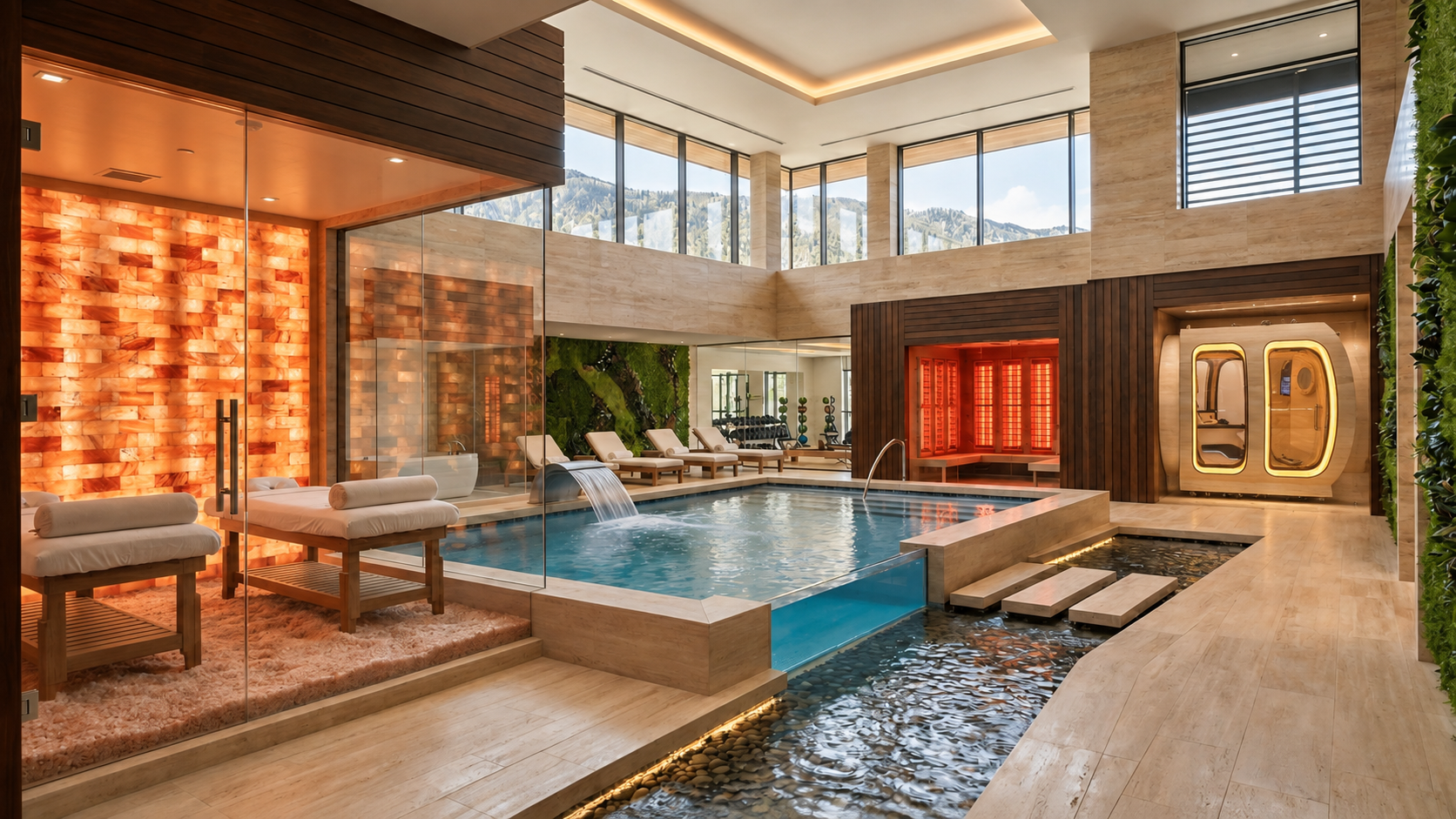 Luxury hotel wellness suite with pool, salt wall, infrared sauna and recovery pod