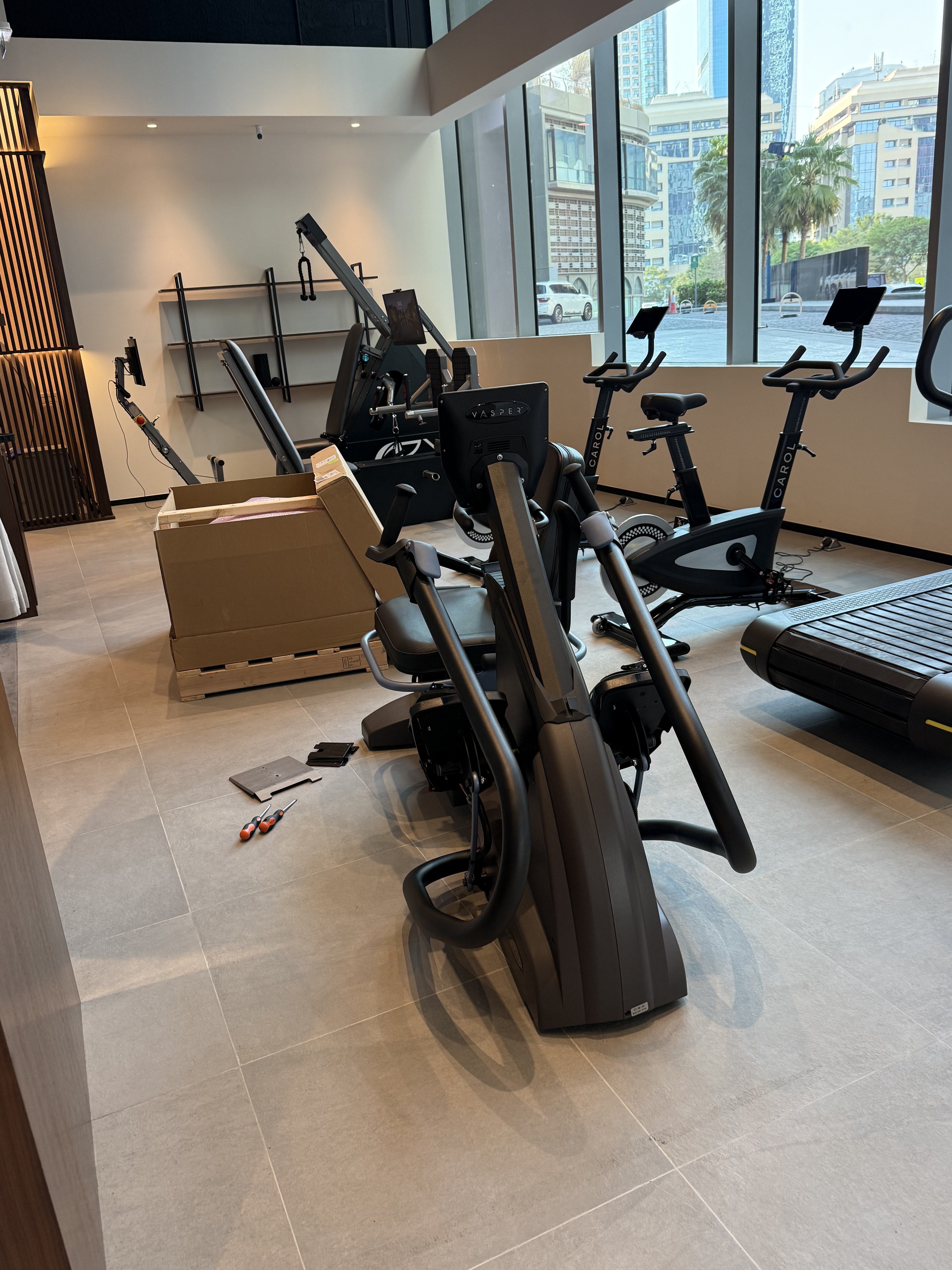 Cardio equipment being unpacked and assembled on site